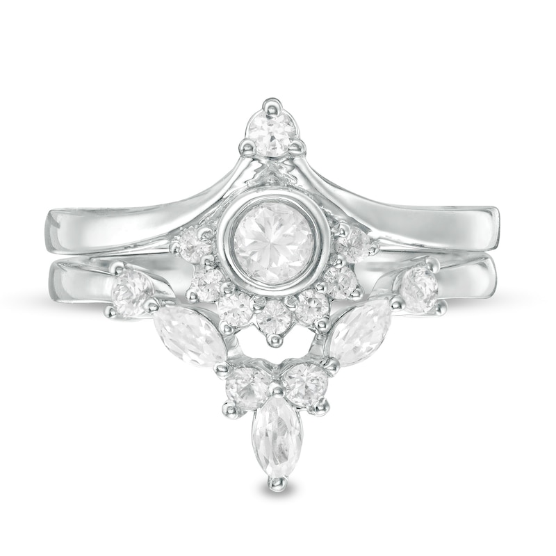 Main Image 4 of Lab-Created White Sapphire and 0.085 CT. T.W. Diamond Sunrise Chevron Bridal Set in Sterling Silver