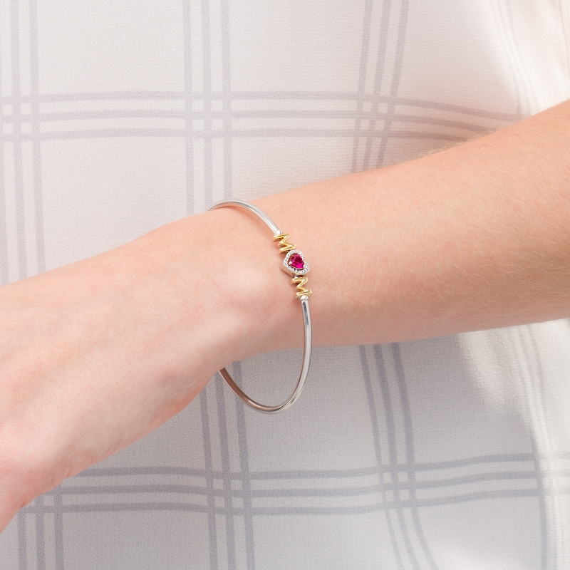 Main Image 2 of 5.0mm Heart-Shaped Lab-Created Ruby "MOM" Flexible Bangle in Sterling Silver and 10K Gold