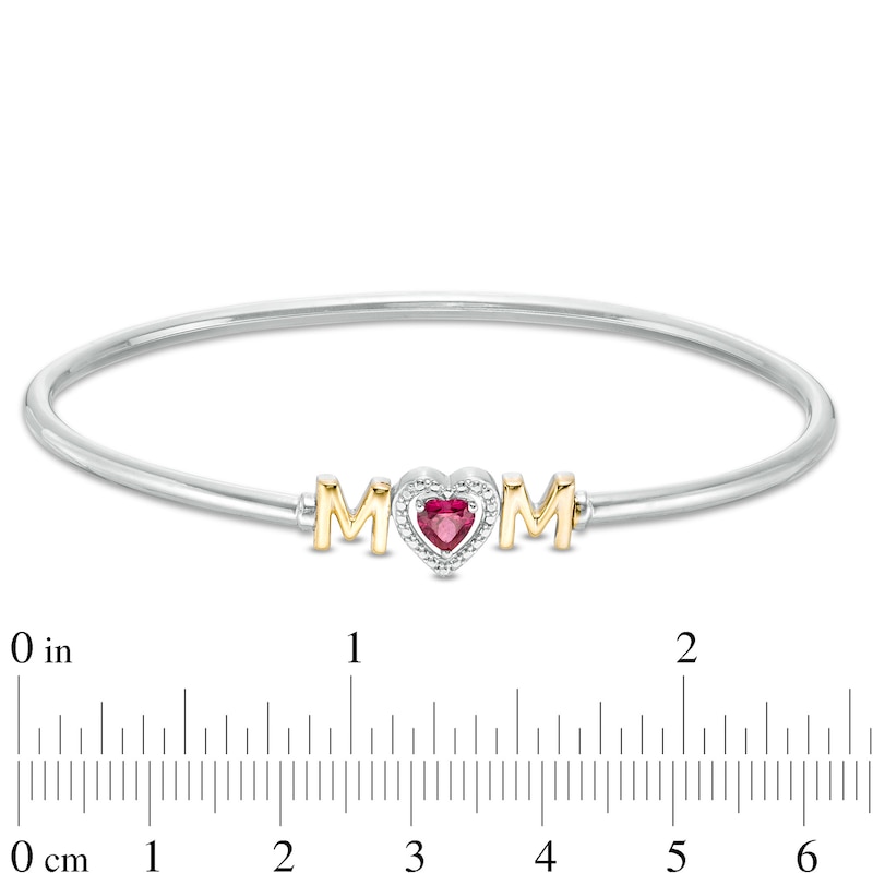5.0mm Heart-Shaped Lab-Created Ruby "MOM" Flexible Bangle in Sterling Silver and 10K Gold