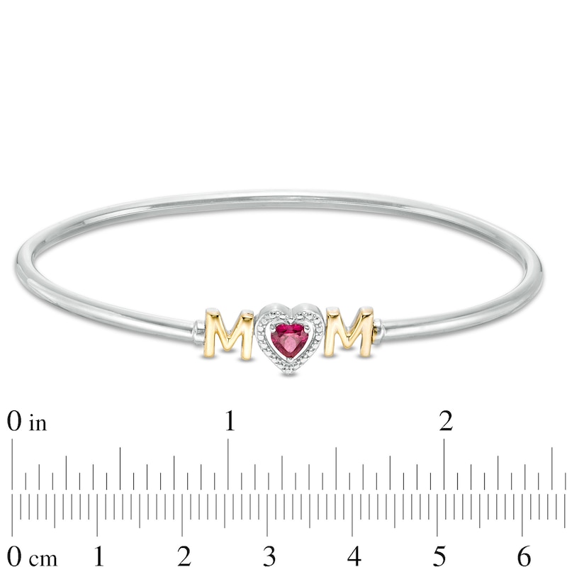 Main Image 3 of 5.0mm Heart-Shaped Lab-Created Ruby "MOM" Flexible Bangle in Sterling Silver and 10K Gold