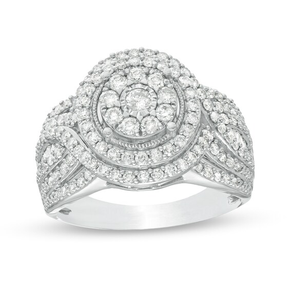 1.00 CT. T.W. Composite Diamond Double Frame Multi-Row Vintage-Style Engagement Ring in 10K White Gold