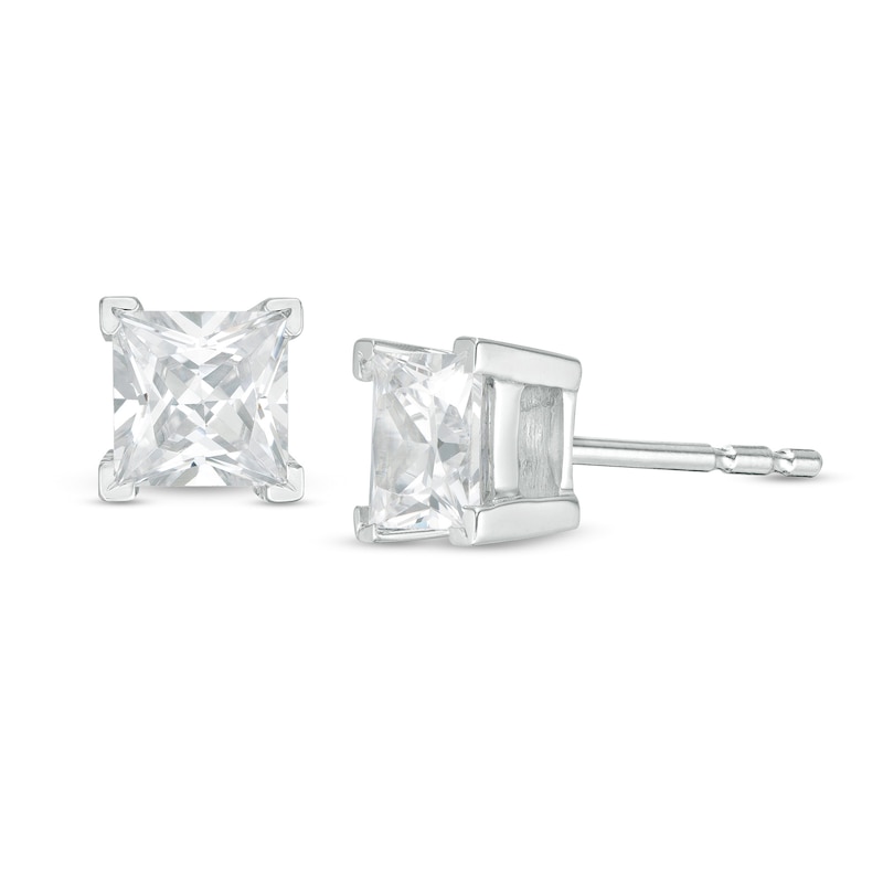 Main Image 1 of 0.95 CT. T.W. Princess-Cut Diamond Solitaire Stud Earrings in 14K White Gold