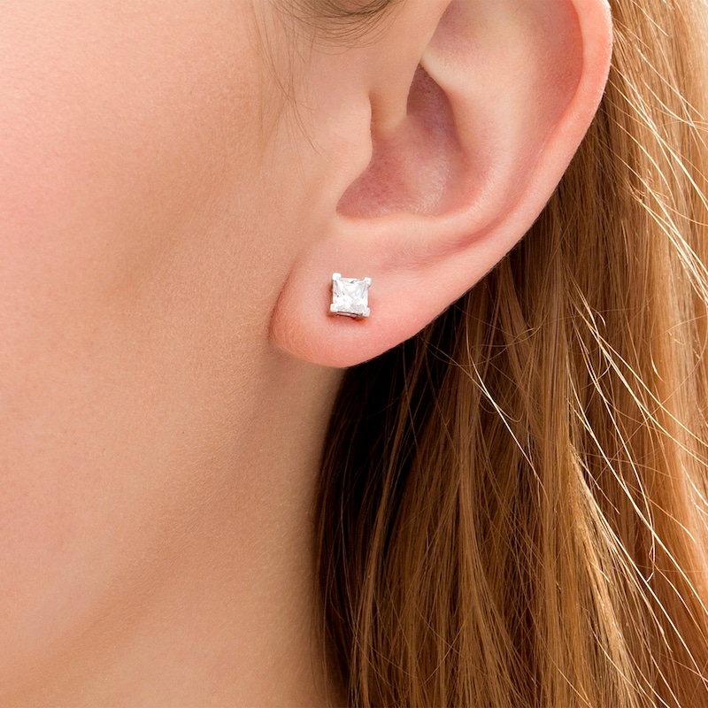 Main Image 2 of 0.95 CT. T.W. Princess-Cut Diamond Solitaire Stud Earrings in 14K White Gold