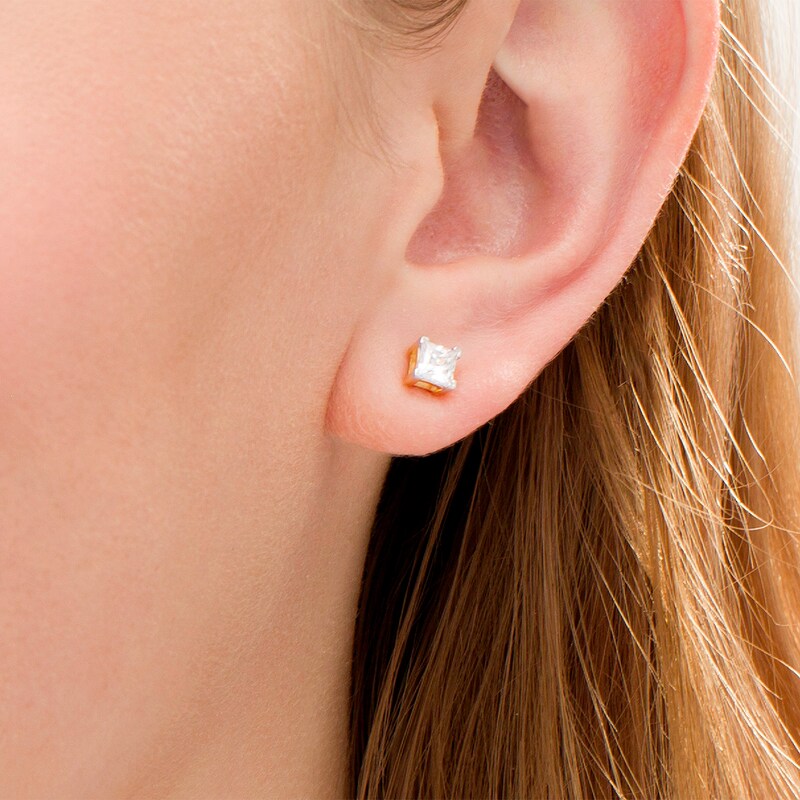 Main Image 2 of 0.58 CT. T.W. Princess-Cut Diamond Solitaire Stud Earrings in 14K Gold