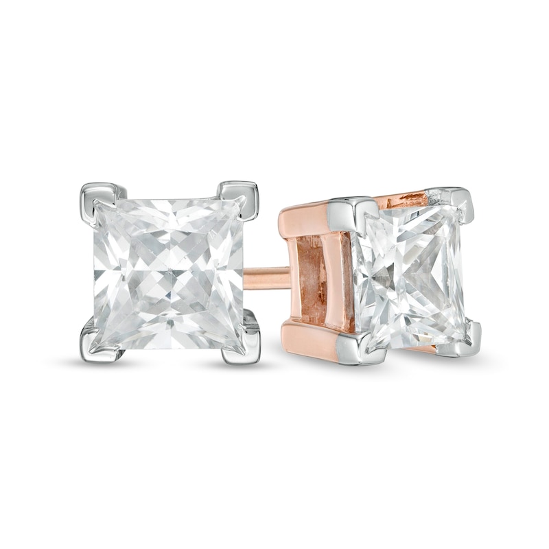Main Image 1 of 0.95 CT. T.W. Princess-Cut Diamond Solitaire Stud Earrings in 14K Rose Gold