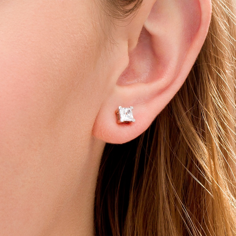Main Image 2 of 0.95 CT. T.W. Princess-Cut Diamond Solitaire Stud Earrings in 14K Rose Gold
