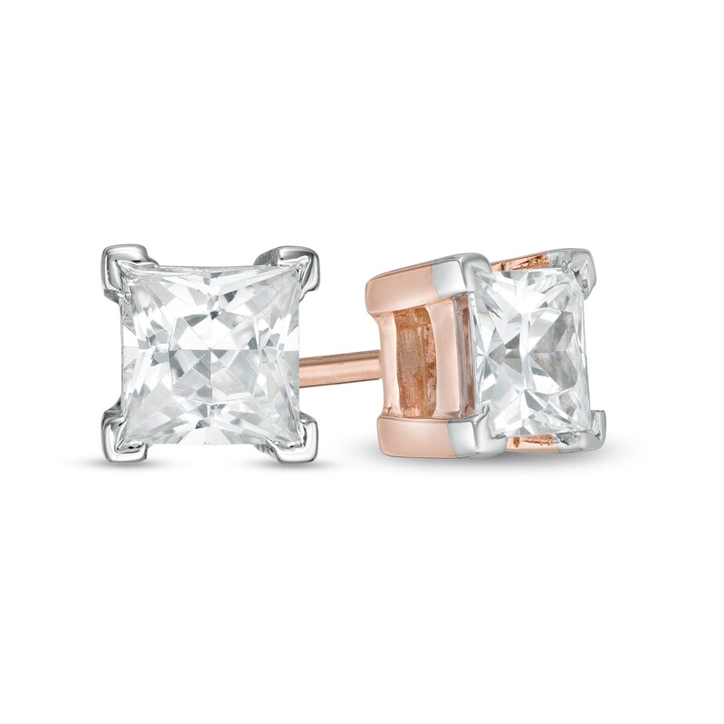 Main Image 1 of 0.58 CT. T.W. Princess-Cut Diamond Solitaire Stud Earrings in 14K Rose Gold
