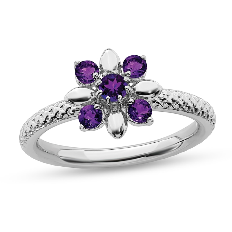 Stackable Expressions™ Amethyst Flower Cable Shank Ring in Sterling Silver