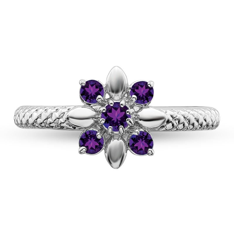 Stackable Expressions™ Amethyst Flower Cable Shank Ring in Sterling Silver