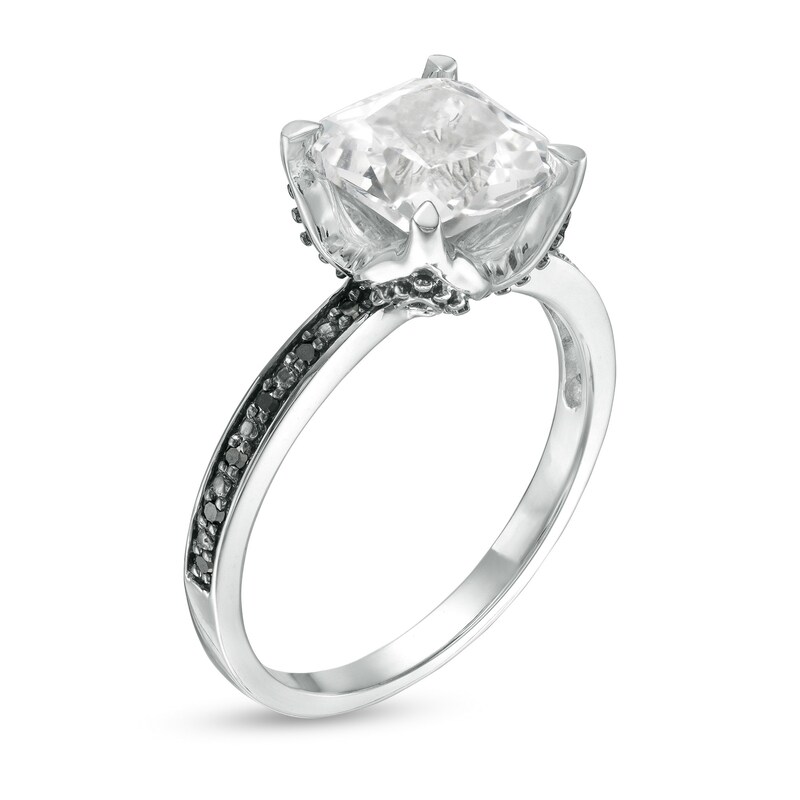 Cushion-Cut Lab-Created White Sapphire and 0.06 CT. T.W. Black Diamond Flower Engagement Ring in 10K White Gold