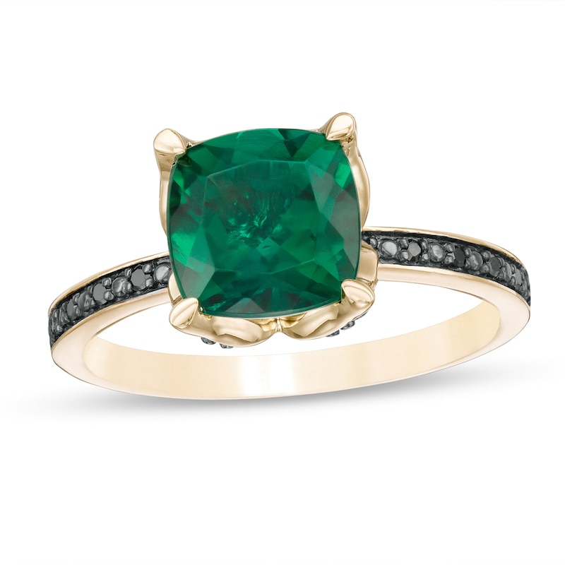 8.0mm Cushion-Cut Lab-Created Emerald and 0.06 CT. T.W. Black Diamond Flower Engagement Ring in 10K Gold
