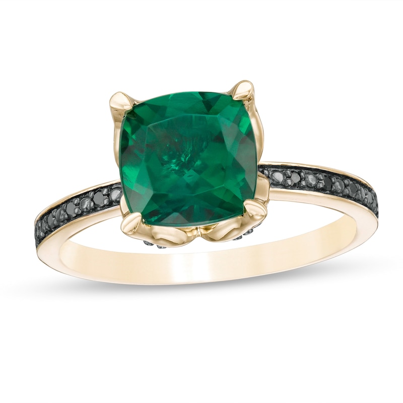Main Image 1 of 8.0mm Cushion-Cut Lab-Created Emerald and 0.06 CT. T.W. Black Diamond Flower Engagement Ring in 10K Gold