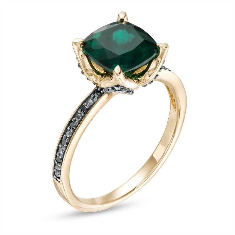 Main Image 3 of 8.0mm Cushion-Cut Lab-Created Emerald and 0.06 CT. T.W. Black Diamond Flower Engagement Ring in 10K Gold