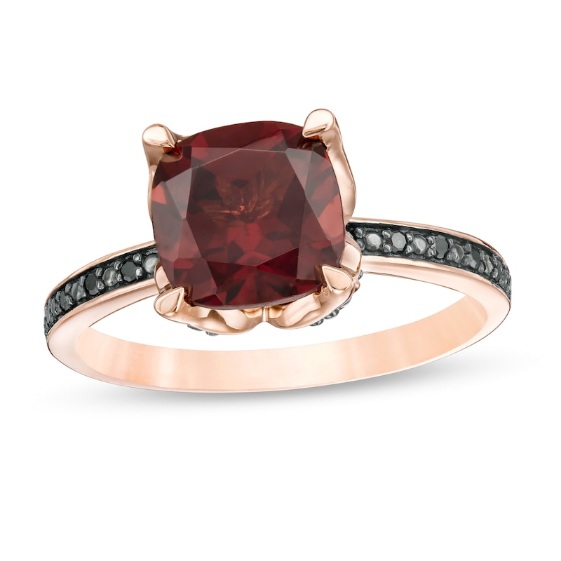8.0mm Cushion-Cut Garnet and 0.06 CT. T.W. Black Diamond Flower Engagement Ring in 10K Rose Gold