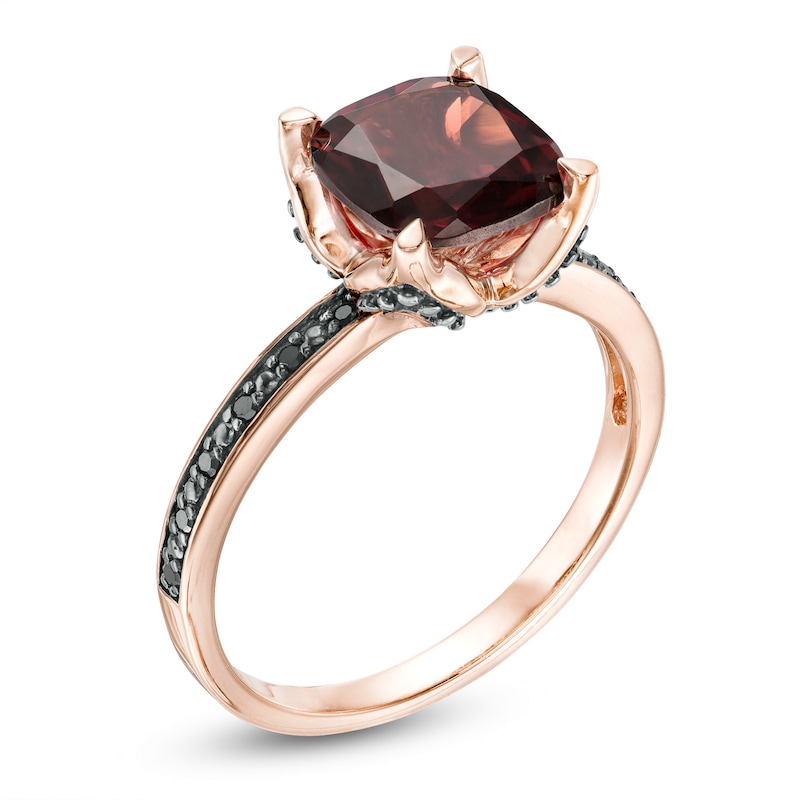 Main Image 3 of 8.0mm Cushion-Cut Garnet and 0.06 CT. T.W. Black Diamond Flower Engagement Ring in 10K Rose Gold