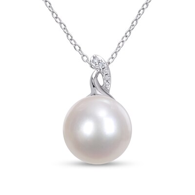 12.0-12.5mm Button Freshwater Cultured Pearl and Diamond Accent Pendant in Sterling Silver
