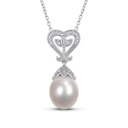10.0-10.5mm Freshwater Cultured Pearl and 0.05 CT. T.W. Diamond Vintage-Style Heart-Top Pendant in Sterling Silver