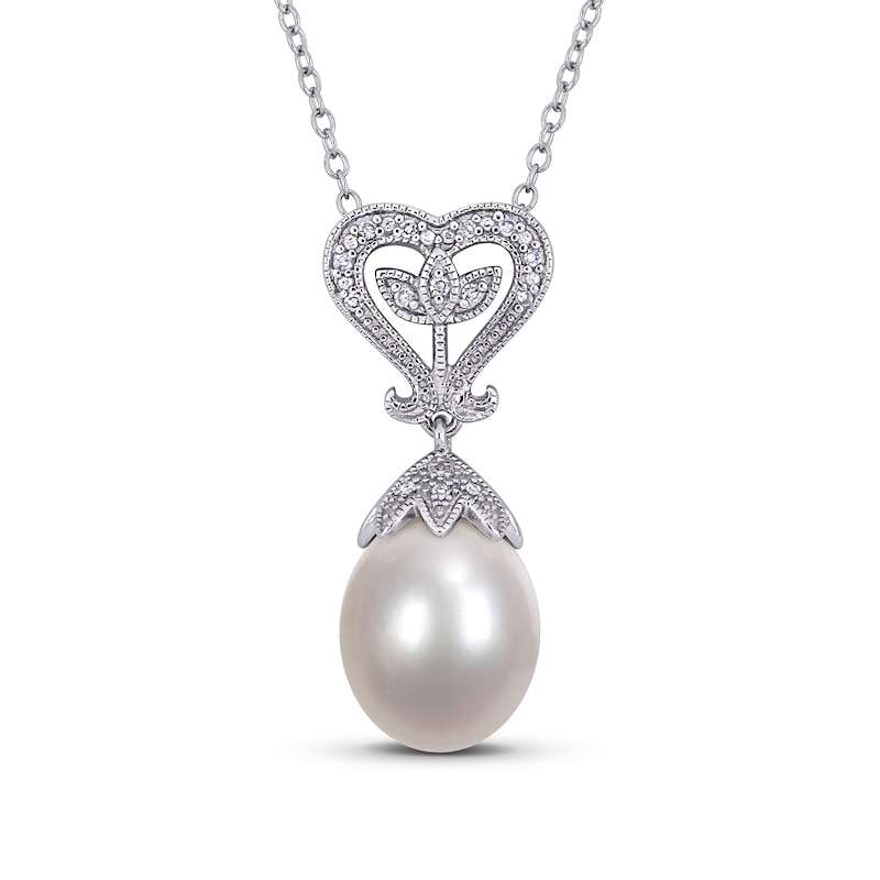 10.0-10.5mm Freshwater Cultured Pearl and 0.05 CT. T.W. Diamond Vintage-Style Heart-Top Pendant in Sterling Silver