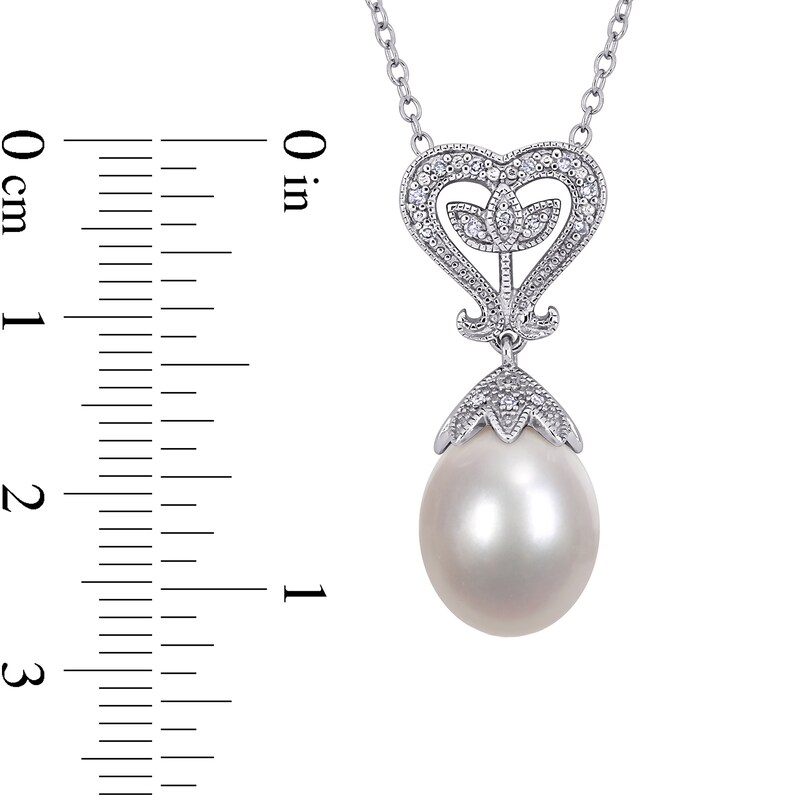 Main Image 3 of 10.0-10.5mm Freshwater Cultured Pearl and 0.05 CT. T.W. Diamond Vintage-Style Heart-Top Pendant in Sterling Silver