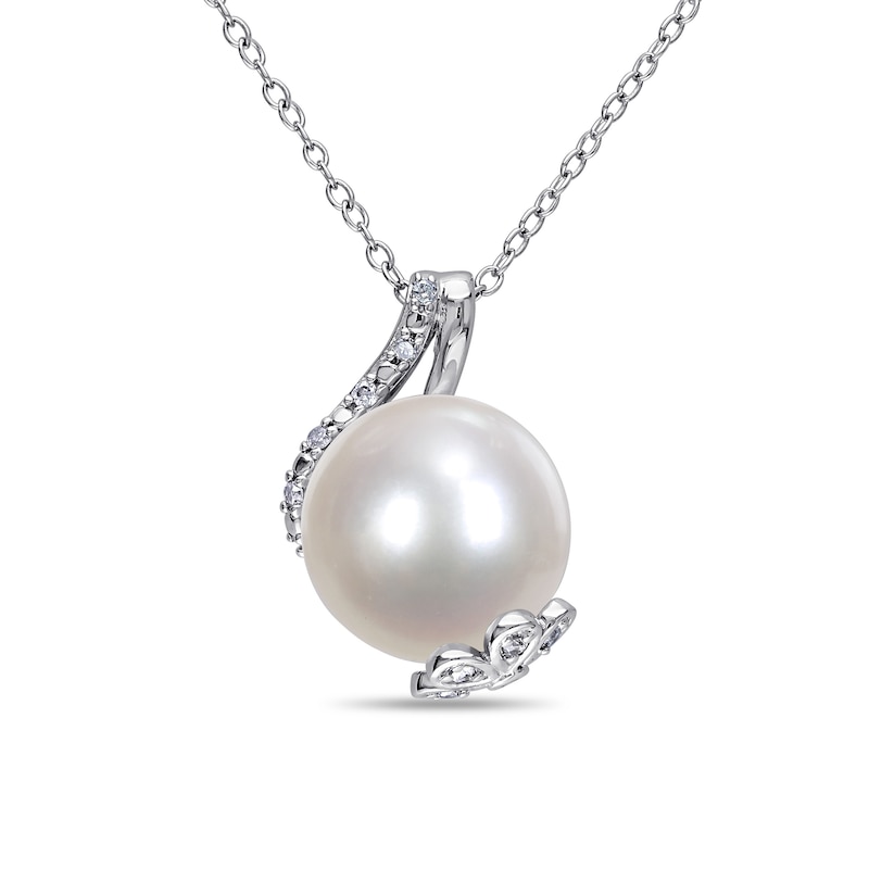 12.0-12.5mm Cultured Freshwater Pearl and 0.10 CT. T.W. Diamond Flower Wrap Pendant in Sterling Silver