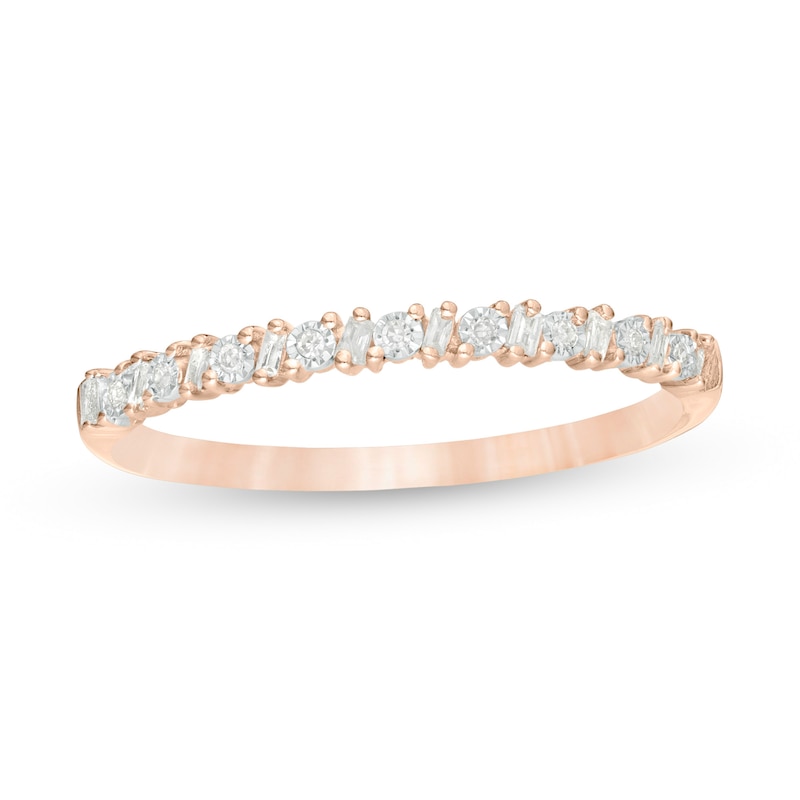 0.065 CT. T.W. Baguette and Round Diamond Alternating Anniversary Band in 10K Rose Gold
