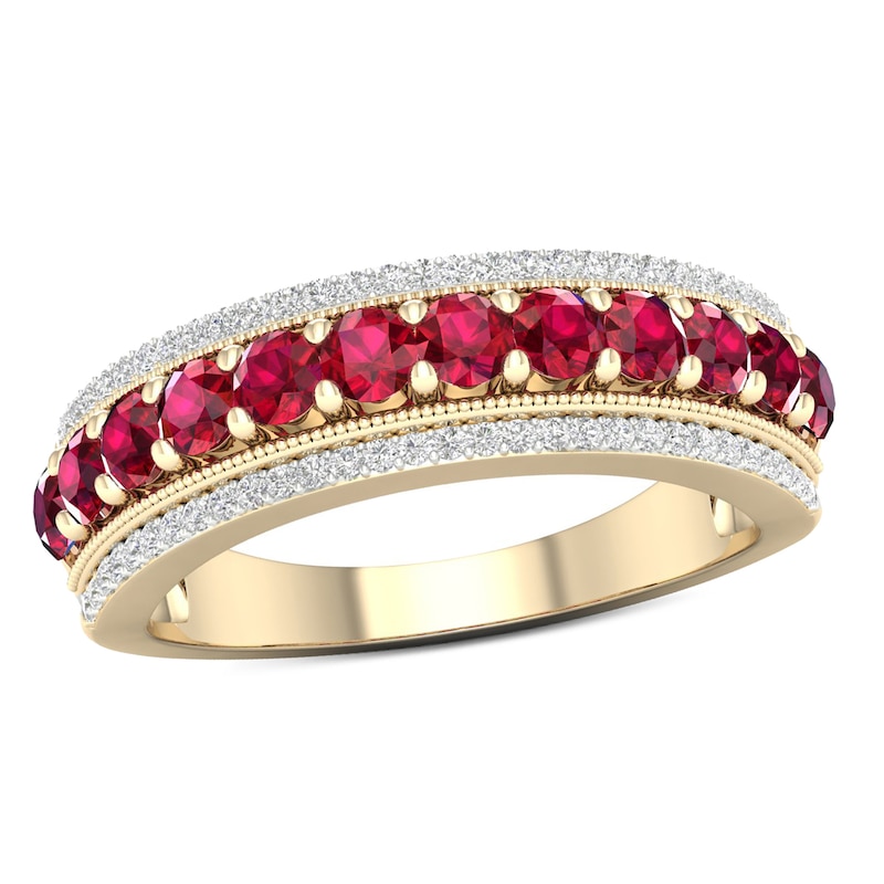 Main Image 1 of Ruby and 0.15 CT. T.W. Diamond Border Triple Row Vintage-Style Ring in 10K Gold