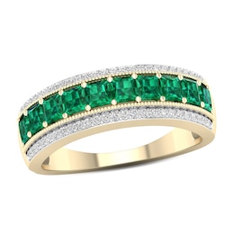 Princess-Cut Emerald and 0.15 CT. T.W. Diamond Border Triple Row Vintage-Style Ring in 10K Gold