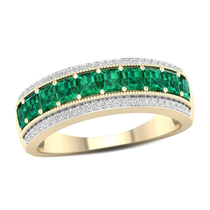 Princess-Cut Emerald and 0.148 CT. T.W. Diamond Border Triple Row Vintage-Style Ring in 10K Gold