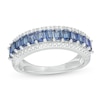 Thumbnail Image 0 of Baguette Ceylon Blue Lab-Created Sapphire and 0.20 CT. T.W. Diamond Border Triple Row Ring in 10K White Gold