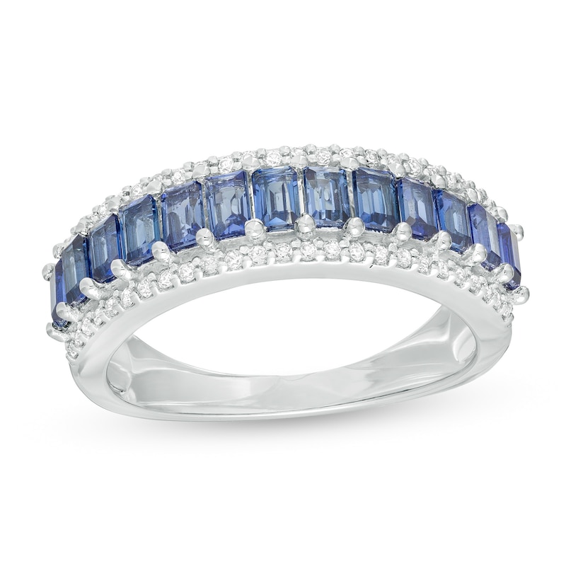 Baguette Ceylon Blue Lab-Created Sapphire and 0.20 CT. T.W. Diamond Border Triple Row Ring in 10K White Gold