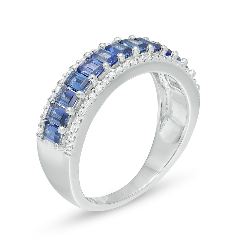 Baguette Ceylon Blue Lab-Created Sapphire and 0.20 CT. T.W. Diamond Border Triple Row Ring in 10K White Gold