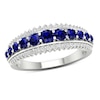 Thumbnail Image 0 of Graduated Blue Sapphire and 0.25 CT. T.W. Diamond Sunburst Border Triple Row Ring in 10K White Gold
