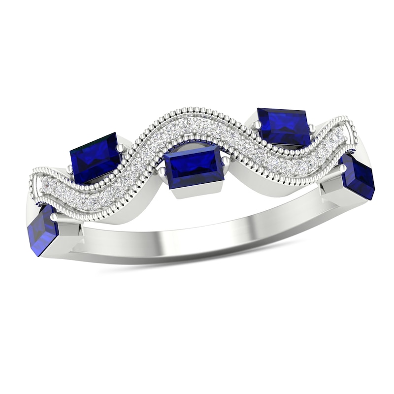 Baguette Blue Sapphire and 0.06 CT. T.W. Diamond Five Stone Abstract Wavy Ribbon Ring in 10K White Gold