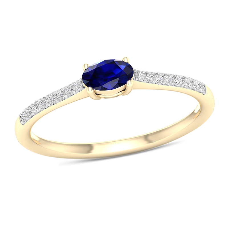 Sideways Oval Blue Sapphire and 0.08 CT. T.W. Diamond Stackable Ring in 10K Gold