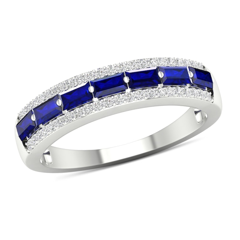 Sideways Baguette Blue Sapphire and 0.15 CT. T.W. Diamond Border Seven Stone Triple Row Ring in 10K White Gold