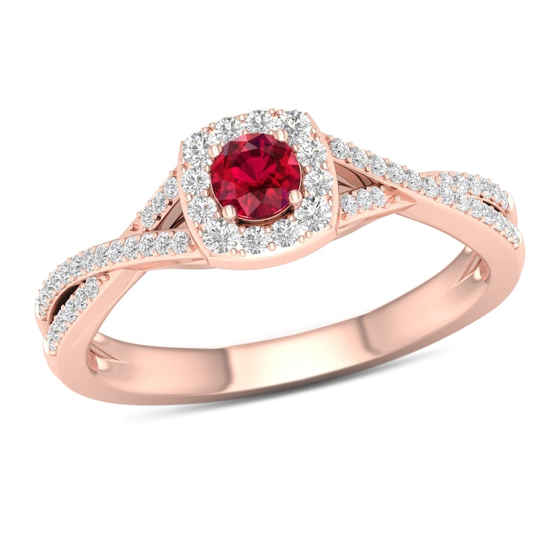 4.0mm Ruby and 0.25 CT. T.W. Diamond Cushion Frame Crossover Shank Ring in 10K Rose Gold