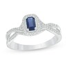 Thumbnail Image 0 of Emerald-Cut Blue Sapphire and 0.12 CT. T.W. Diamond Frame Crossover Shank Vintage-Style Ring in 10K White Gold