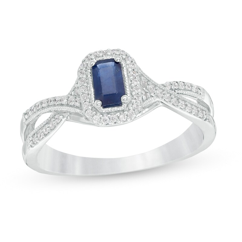 Emerald-Cut Blue Sapphire and 0.12 CT. T.W. Diamond Frame Crossover Shank Vintage-Style Ring in 10K White Gold