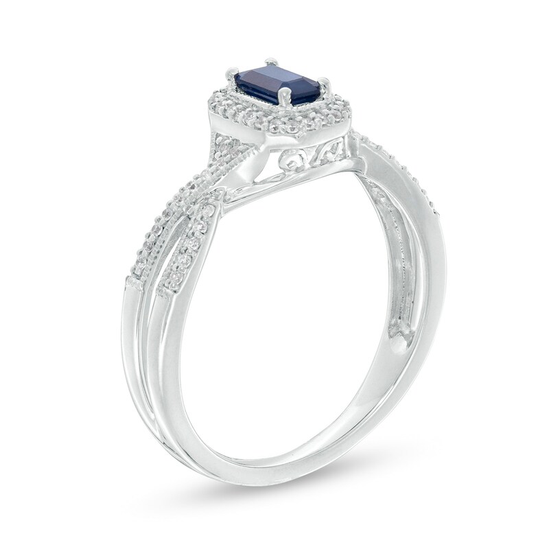 Emerald-Cut Blue Sapphire and 0.12 CT. T.W. Diamond Frame Crossover Shank Vintage-Style Ring in 10K White Gold