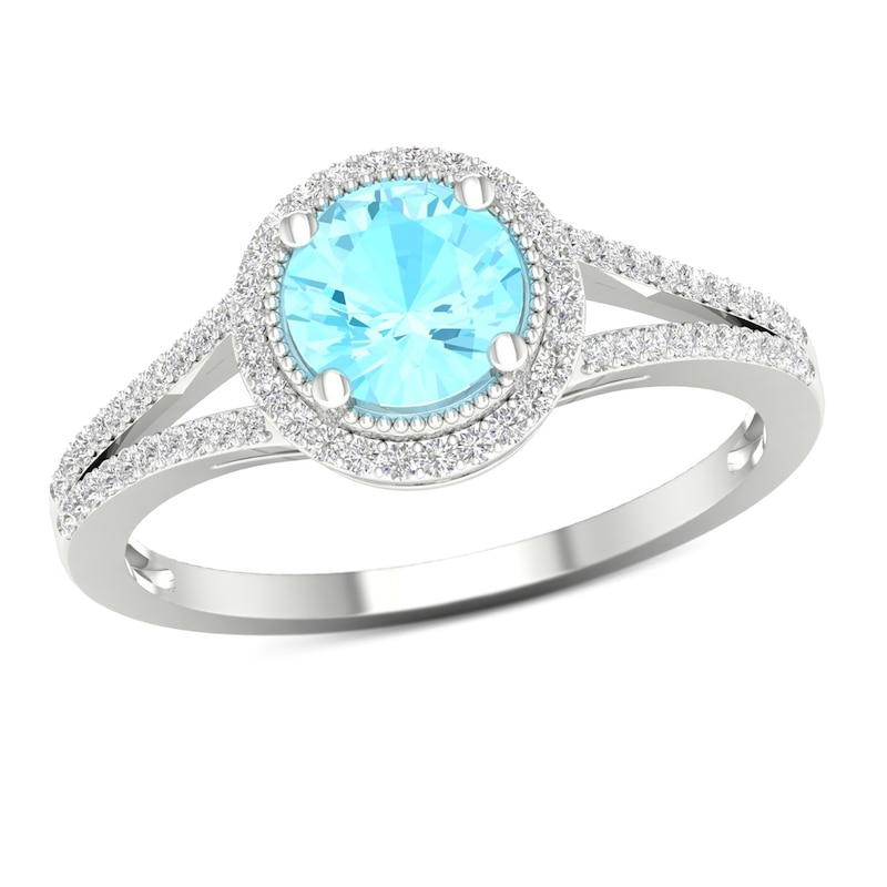 6.0mm Aquamarine and 0.16 CT. T.W. Diamond Double Frame Vintage-Style Split Shank Ring in 10K White Gold