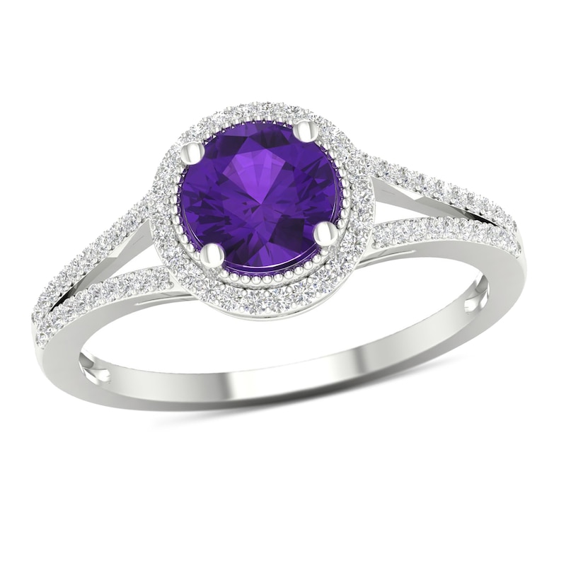 6.0mm Amethyst and 0.16 CT. T.W. Diamond Double Frame Vintage-style Split Shank Ring in 10K White Gold
