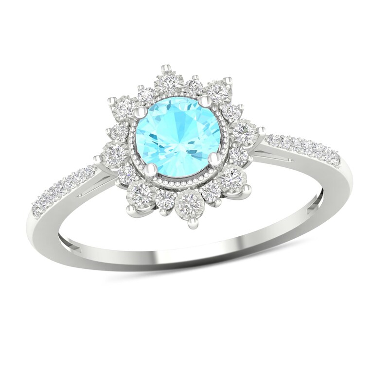 5.0mm Aquamarine and 0.10 CT. T.W. Diamond Sunburst Double Frame Vintage-Style Tapered Shank Ring in 10K White Gold