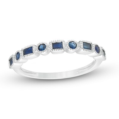 Sideways Emerald-Cut and Round Blue Sapphire Alternating Art Deco Stackable Ring in 10K White Gold