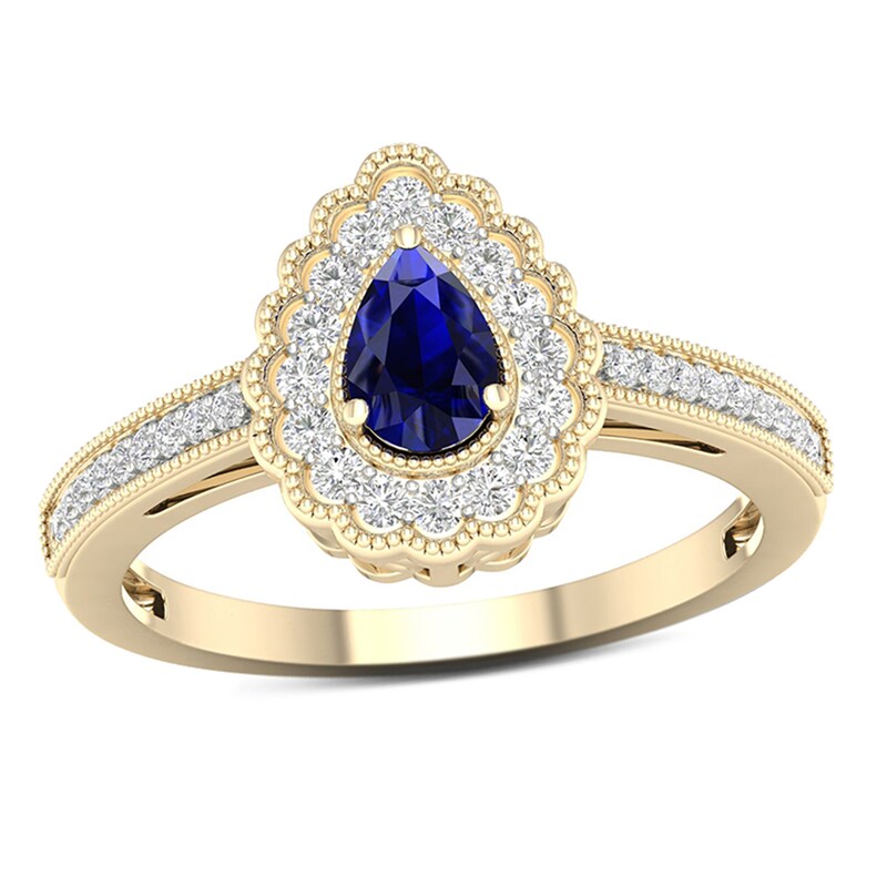 Pear-Shaped Blue Sapphire and 0.20 CT. T.W. Diamond Scallop Frame Vintage-Style Ring in 10K Gold