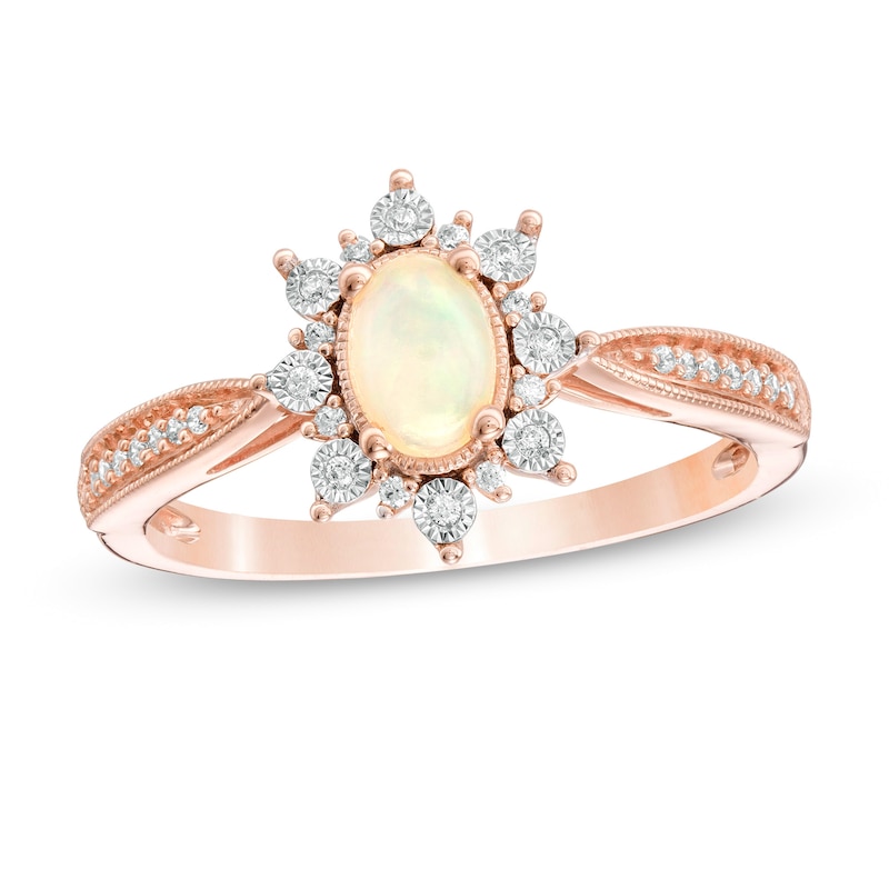 Oval Opal and 0.10 CT. T.W. Diamond Sunburst Frame Vintage-Style Tapered Shank Ring in 10K Rose Gold|Peoples Jewellers