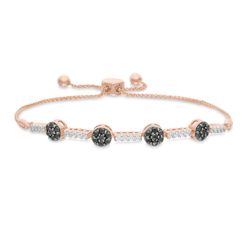 0.95 CT. T.W. Enhanced Black and White Diamond Alternating Circle and Bar Bolo Bracelet in 10K Rose Gold - 9.5"