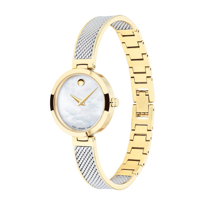 Ladies' Movado Amika Two-Tone Mesh Bangle Watch with White Mother-of Pearl Dial (Model: 0607362)