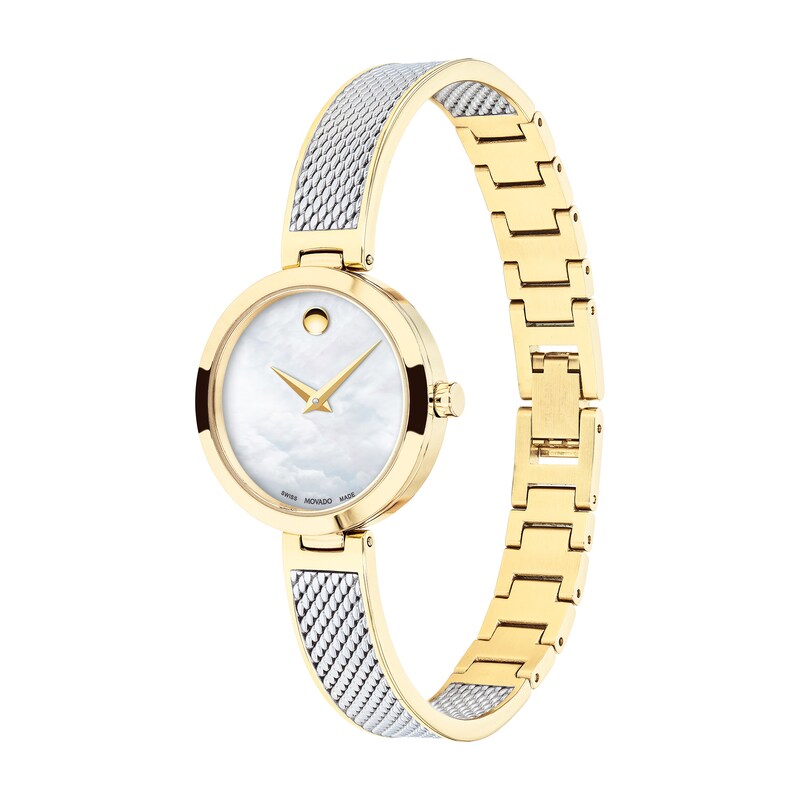 Ladies' Movado Amika Two-Tone Mesh Bangle Watch with White Mother-of Pearl Dial (Model: 0607362)