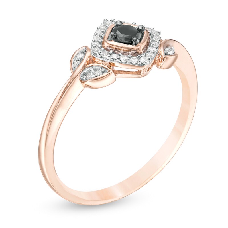 Main Image 2 of 0.20 CT. T.W. Enhanced Black and White Diamond Tilted Cushion Frame Leaf-Sides Ring in 10K Rose Gold