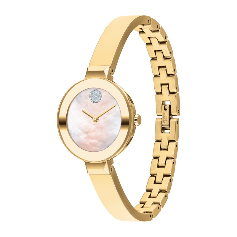 Ladies' Movado Bold®Crystal Gold-Tone Bangle Watch with Transparent Mother-of Pearl Dial (Model: 3600627)|Peoples Jewellers